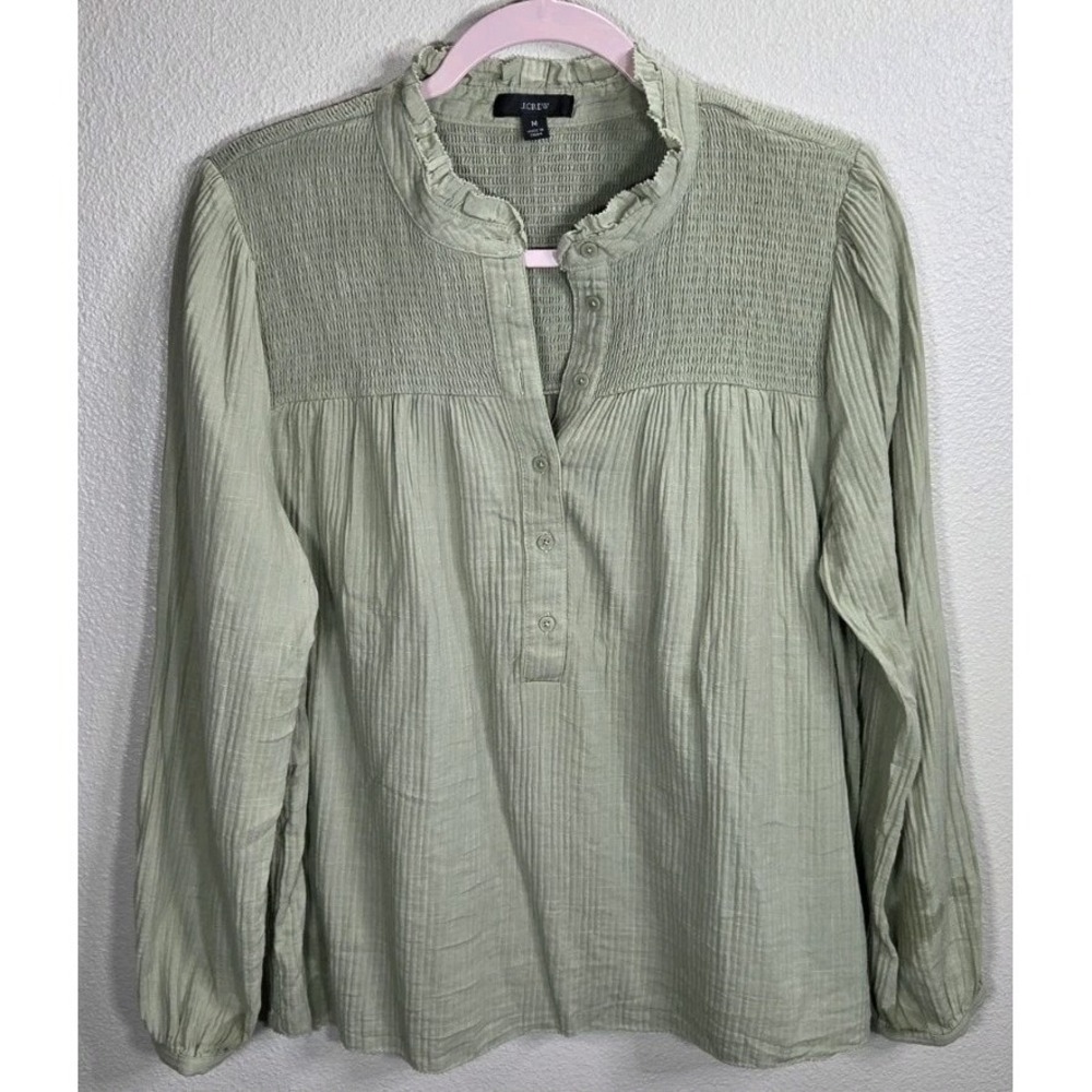 J.Crew Re-Imagined Smocked Blouse M Sage Green Cotton Peasant Top‎ SP22